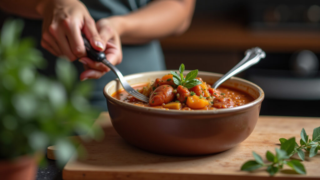 Brazilian woman serving lentil stew with calabresa sausage, cozy kitchen, Farm Rio style, 8k, Lentilha com calabresa na panela de pressão.