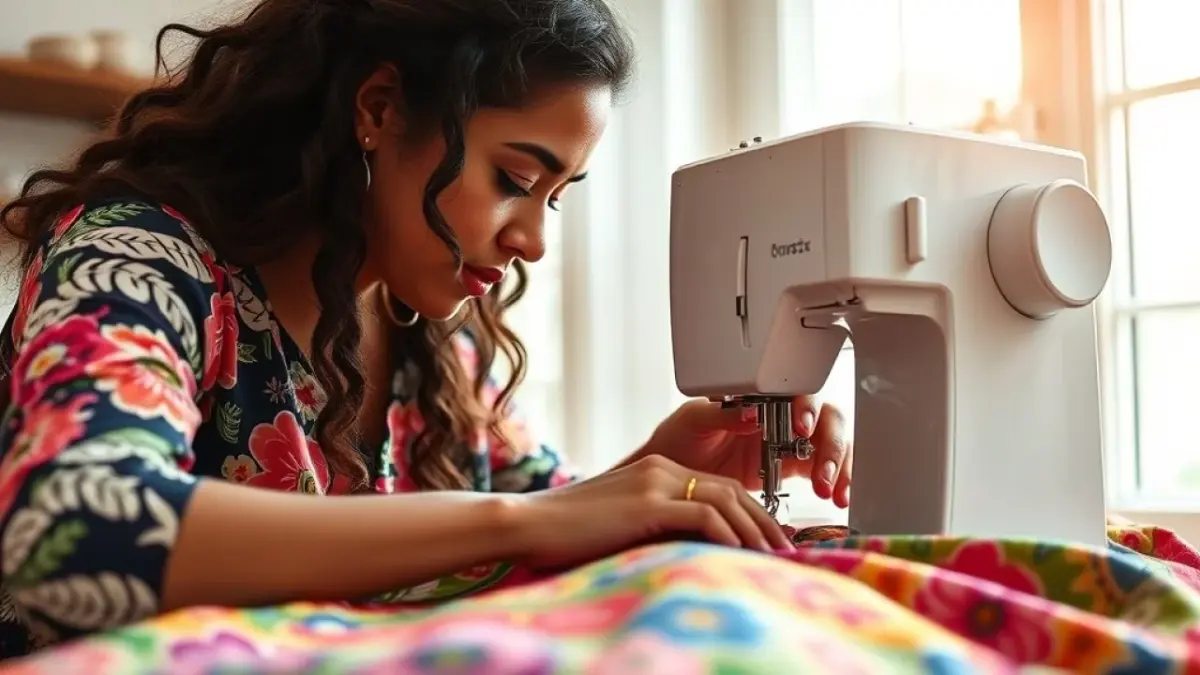 Mulher costurando capa de almofada DIY em máquina de costura.