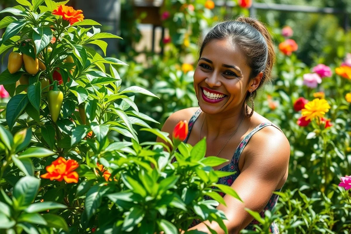 Brasileira conversando com pimenteira saudável. Conexão com a planta.