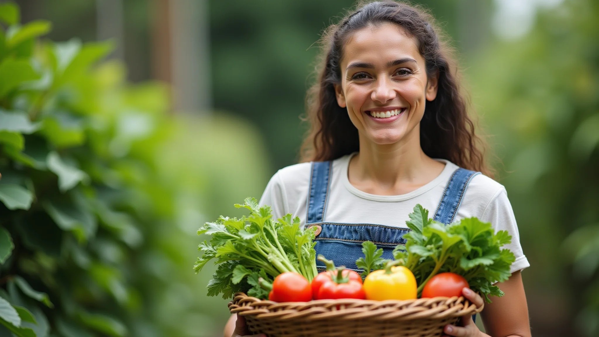 Brasileira sorrindo, segurando cesta cheia de vegetais frescos colhidos em sua horta caseira.