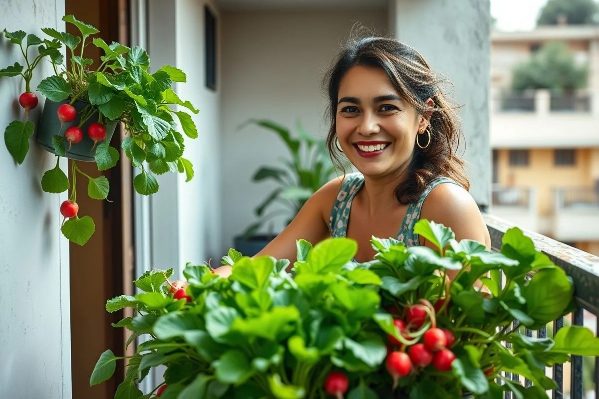 Mulher sorrindo cuidando de horta urbana com rabanetes e folhagens exuberantes na varanda do apartamento.
