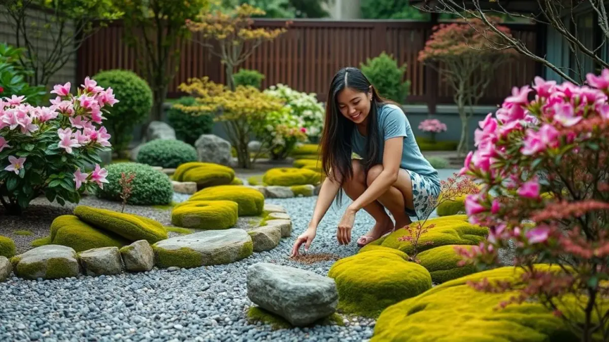 Mulher brasileira cuidando de um jardim japonês.