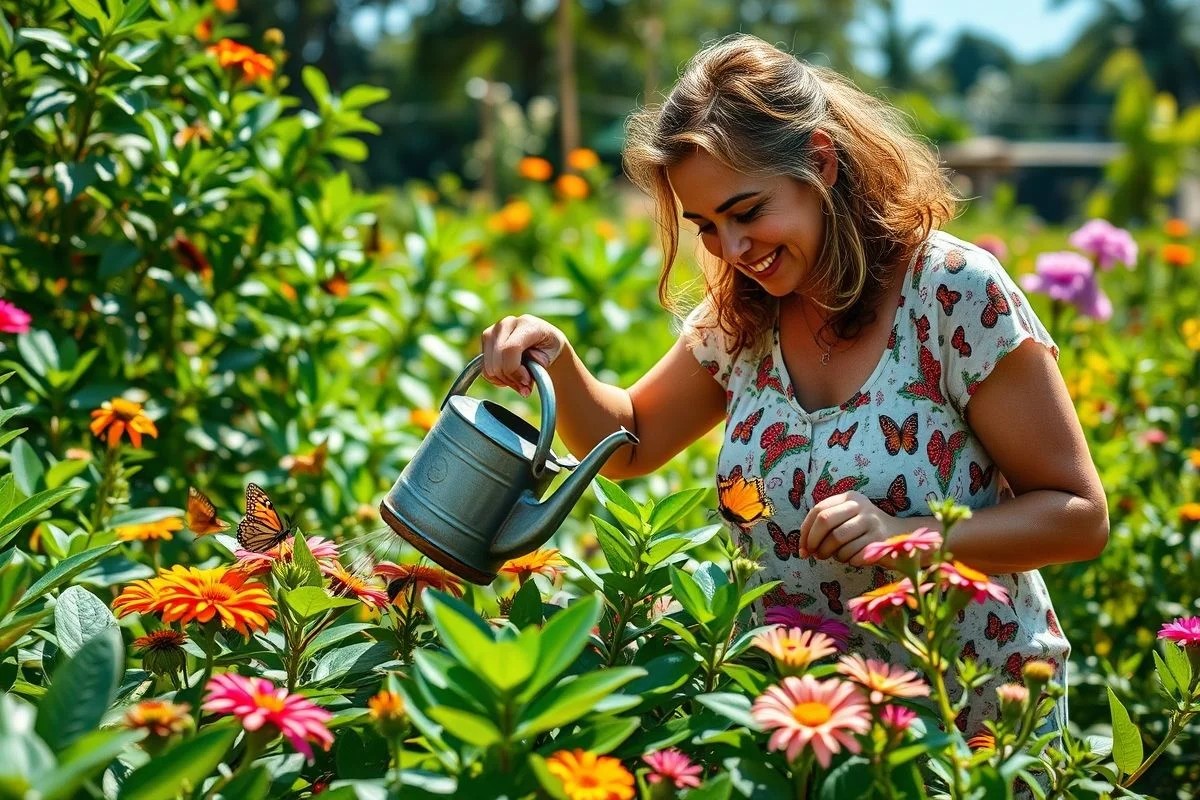 Mulher cuidando de jardim de borboletas no Brasil.