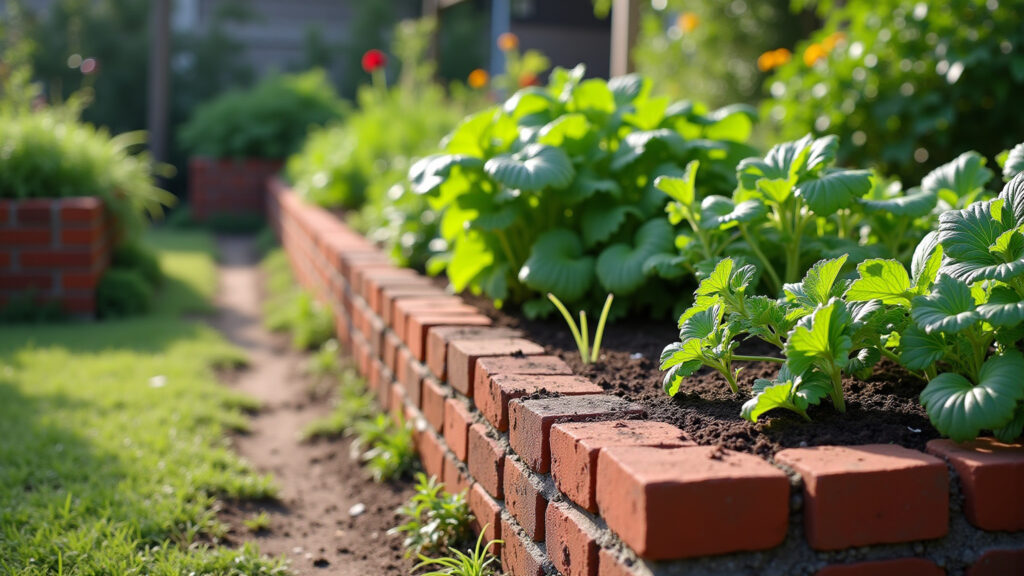 Brick raised garden, classic design, organic vegetables, sunny day, commercial photography, 8K Horta elevada construída com tijolos, com design clássico e elegante.