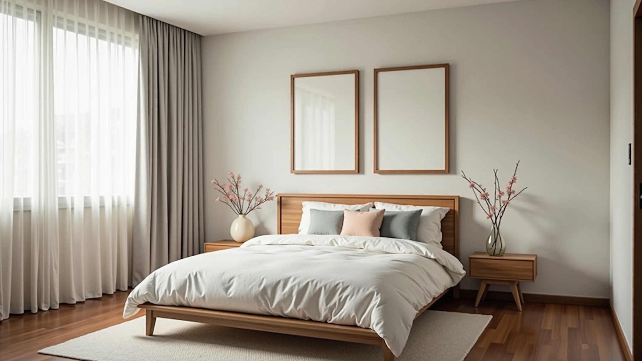 Quarto de casal pequeno com cores claras, iluminação natural e decoração minimalista.