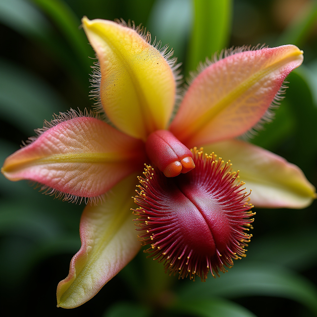 Bulbophyllum Elizabeth Ann 'Buckleberry' orchid, exotic, hairy flowers, vibrant, professional Orquídea exótica com flores cabeludas.
