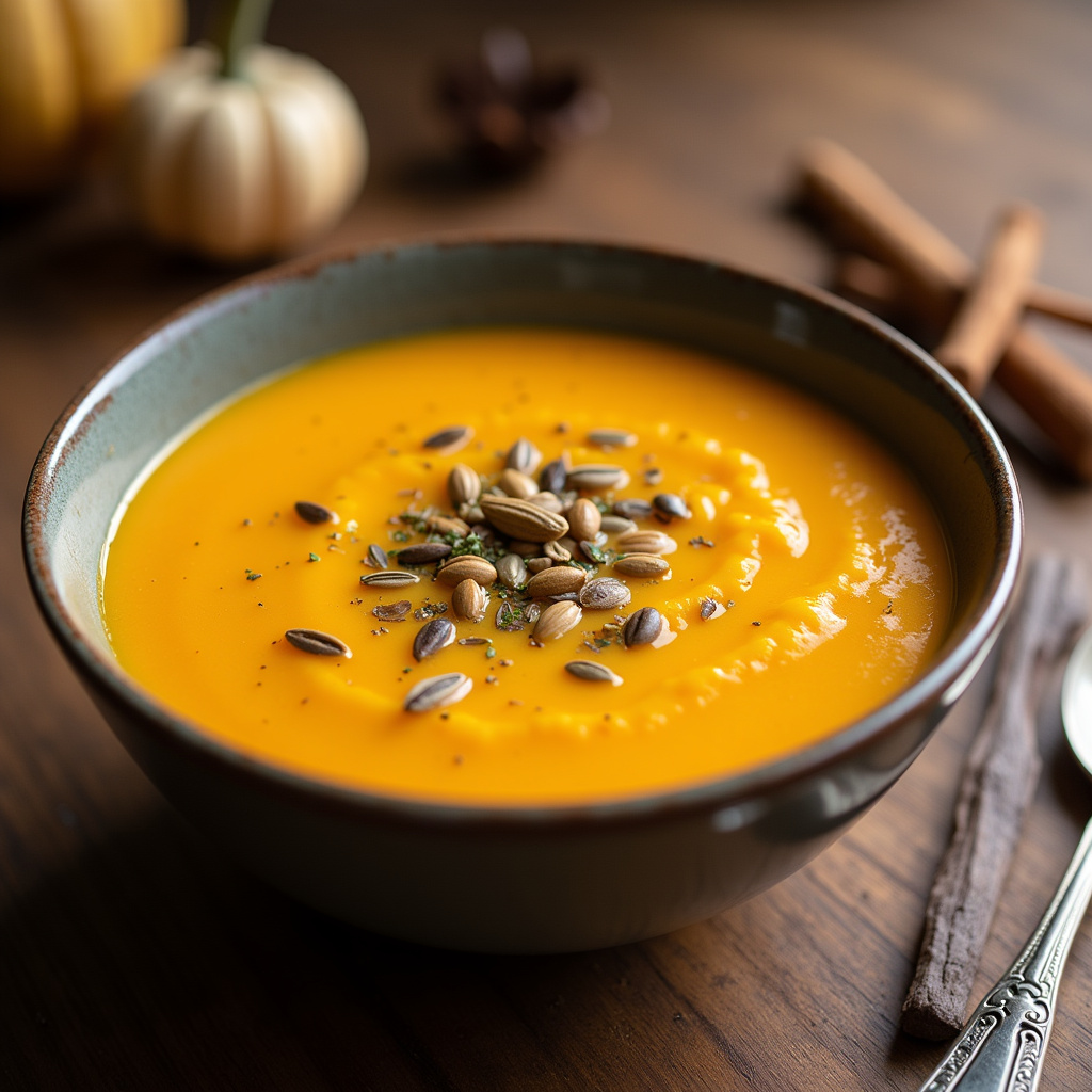 Butternut squash soup, creamy texture, natural lighting, bowl on a wooden table, pumpkin seeds, Sopa cremosa de abóbora, ideal para acalmar o sistema digestivo.