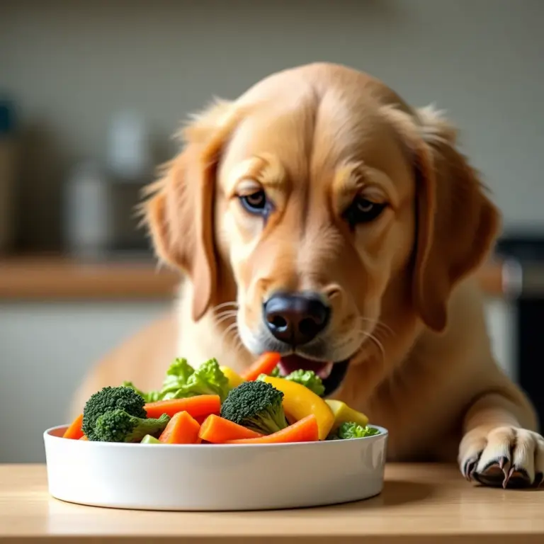 Cachorro da raça golden retriever comendo legumes picados em uma tigela.