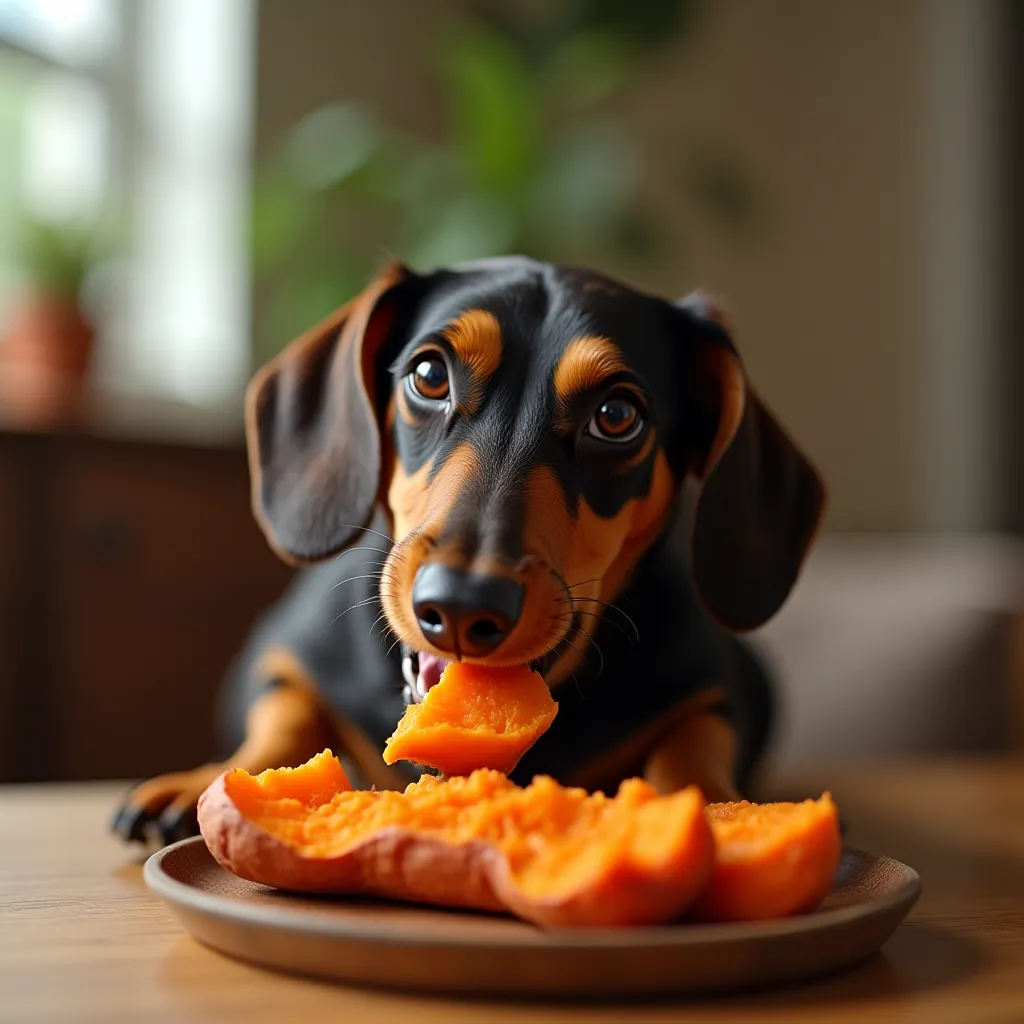 Cachorro dachshund comendo batata doce assada.
