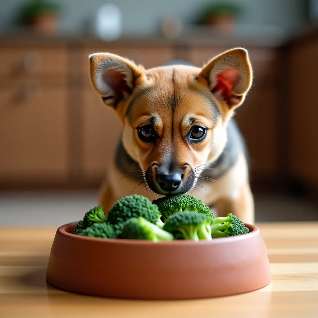 Cachorro pequeno mordiscando floretes de brócolis.