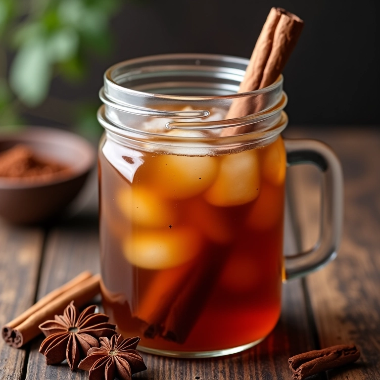 Café gelado com especiarias em um pote de vidro.