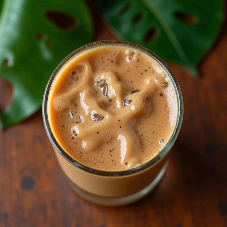 Café gelado cremoso em copo, mulher sorrindo ao fundo.