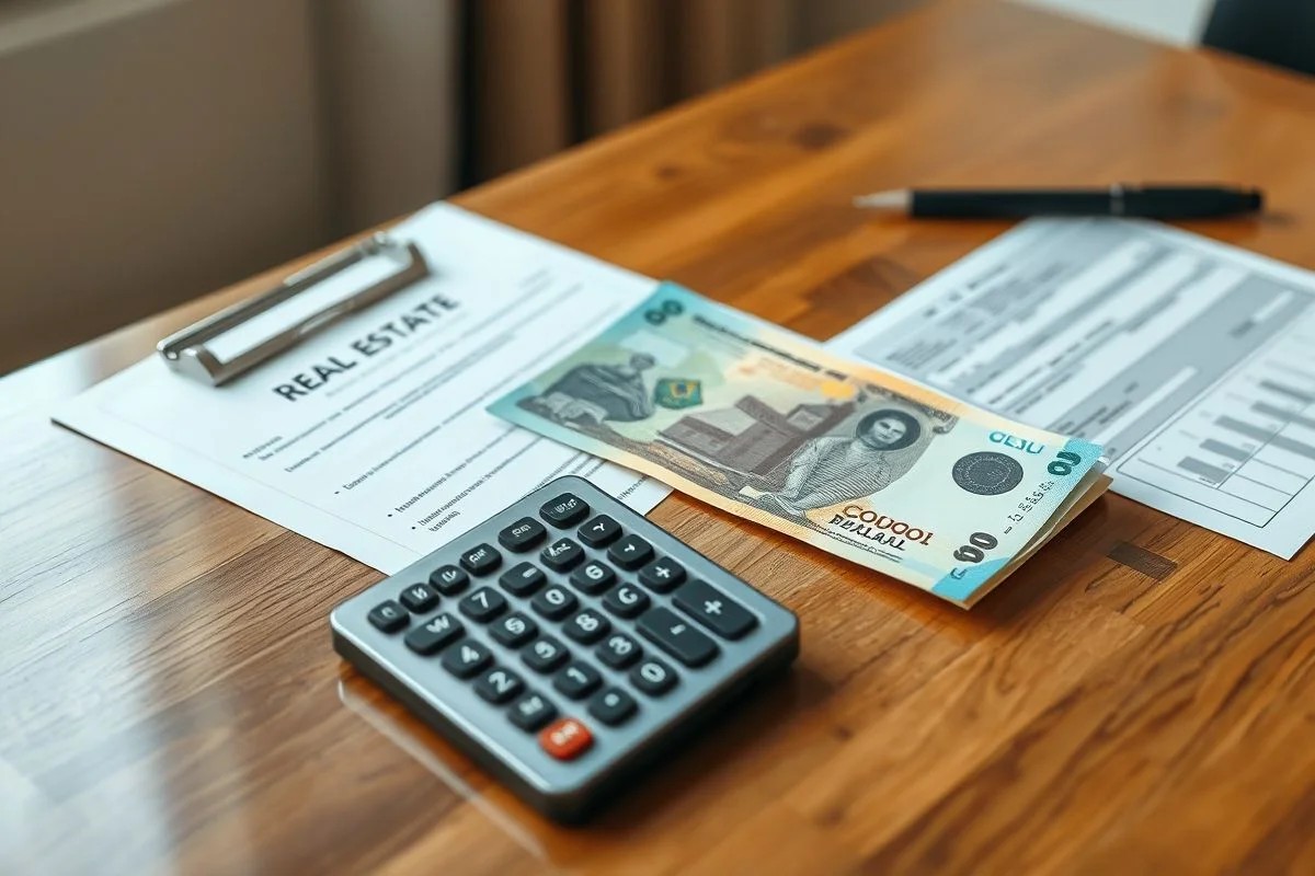 Calculadora e dinheiro brasileiro (Real) sobre documentos imobiliários. Cálculo do ITBI.