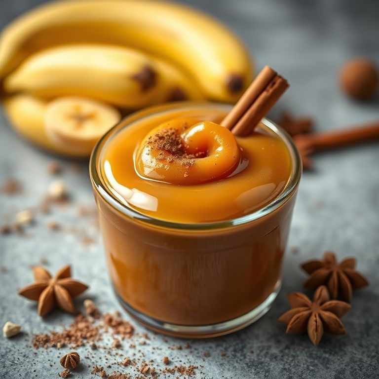 Calda de banana caramelada com especiarias como canela e noz-moscada em recipiente de vidro.