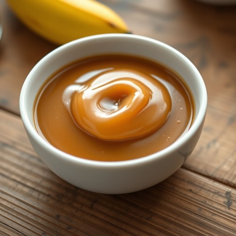 Calda de banana caramelada simples em uma tigela branca sobre uma mesa de madeira rústica.