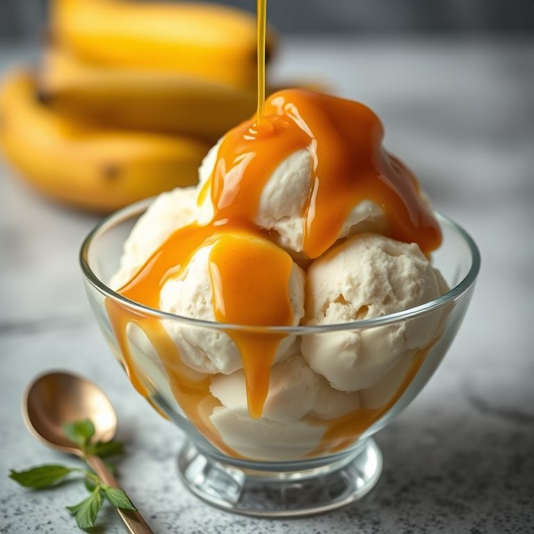 Calda quente de banana caramelada escorrendo sobre sorvete de creme em uma tigela de vidro.