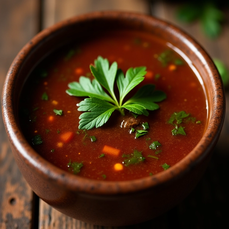 Caldo de carne intenso e marcante em tigela rústica.