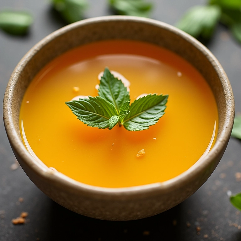 Caldo de galinha leve e saboroso com ervas frescas.