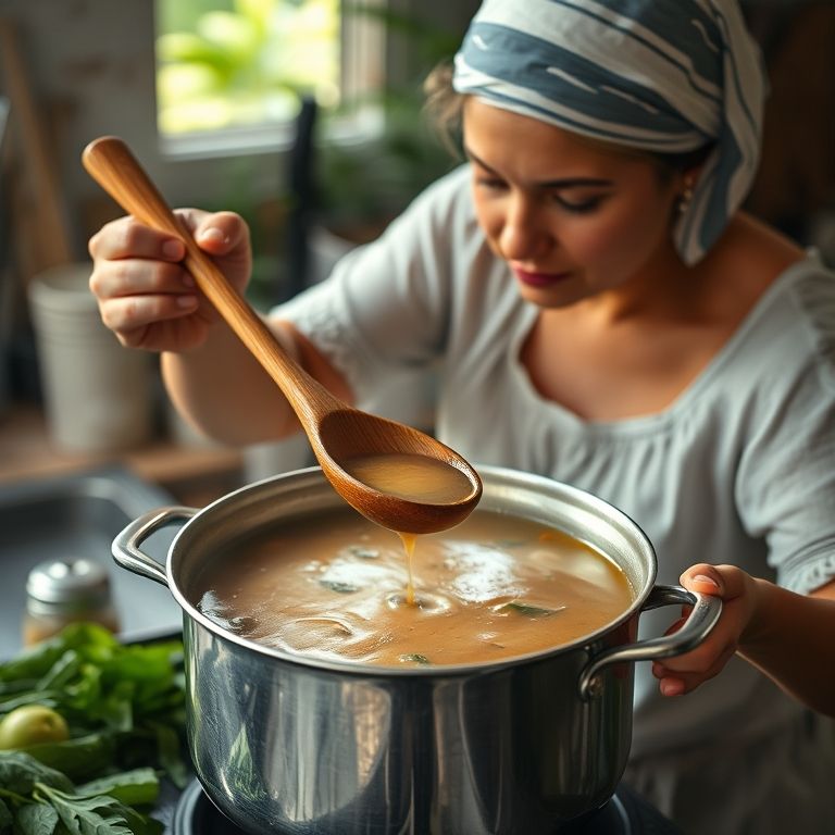 Caldo grosso de feijão sendo mexido por uma cozinheira.