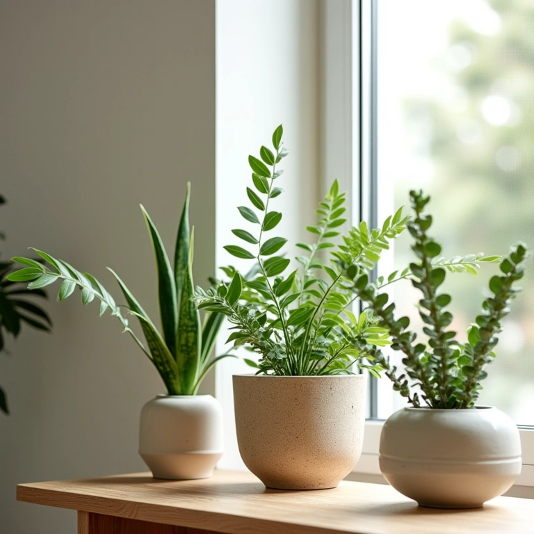 Canto de sala iluminado com plantas e vasos decorativos estilosos.