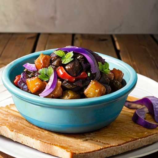 Caponata de berinjela em um bowl rústico com pão.