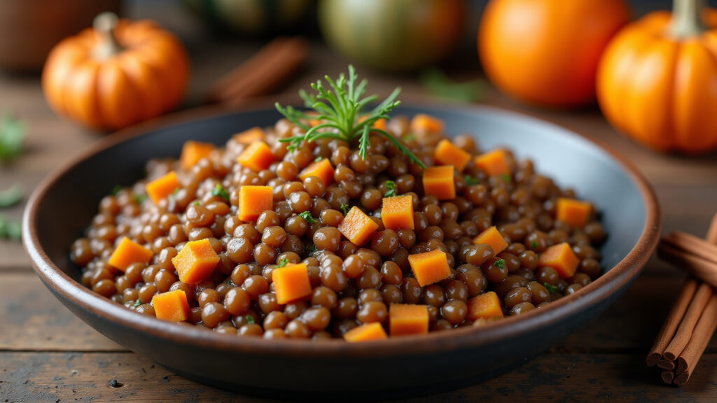 Caramelized lentils with pumpkin, cinnamon, autumn colors, rustic setting, 8K quality, sharp focus, Lentilha caramelizada com abóbora.