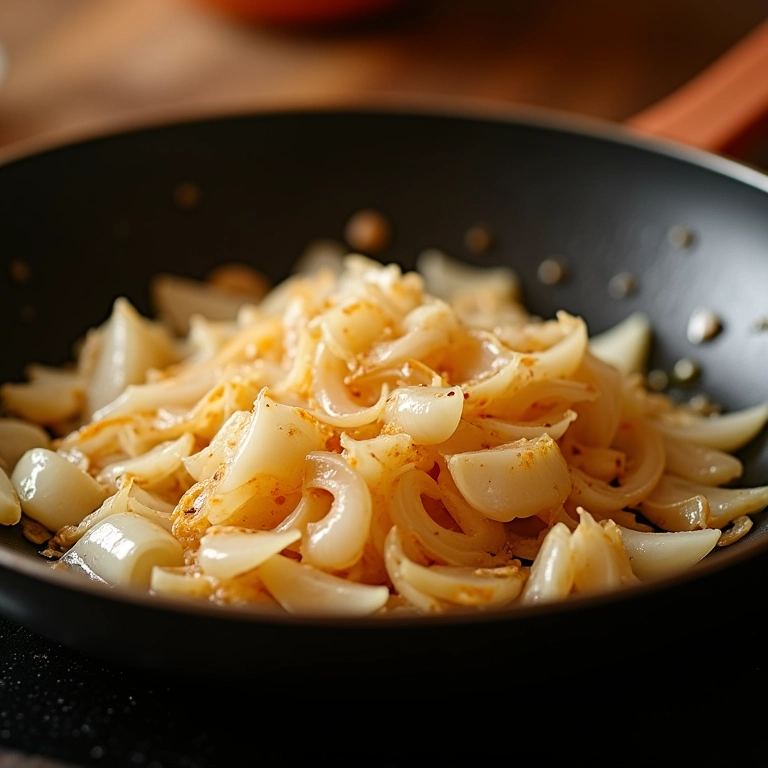 Cebola refogando no azeite, base para um tempero delicioso.