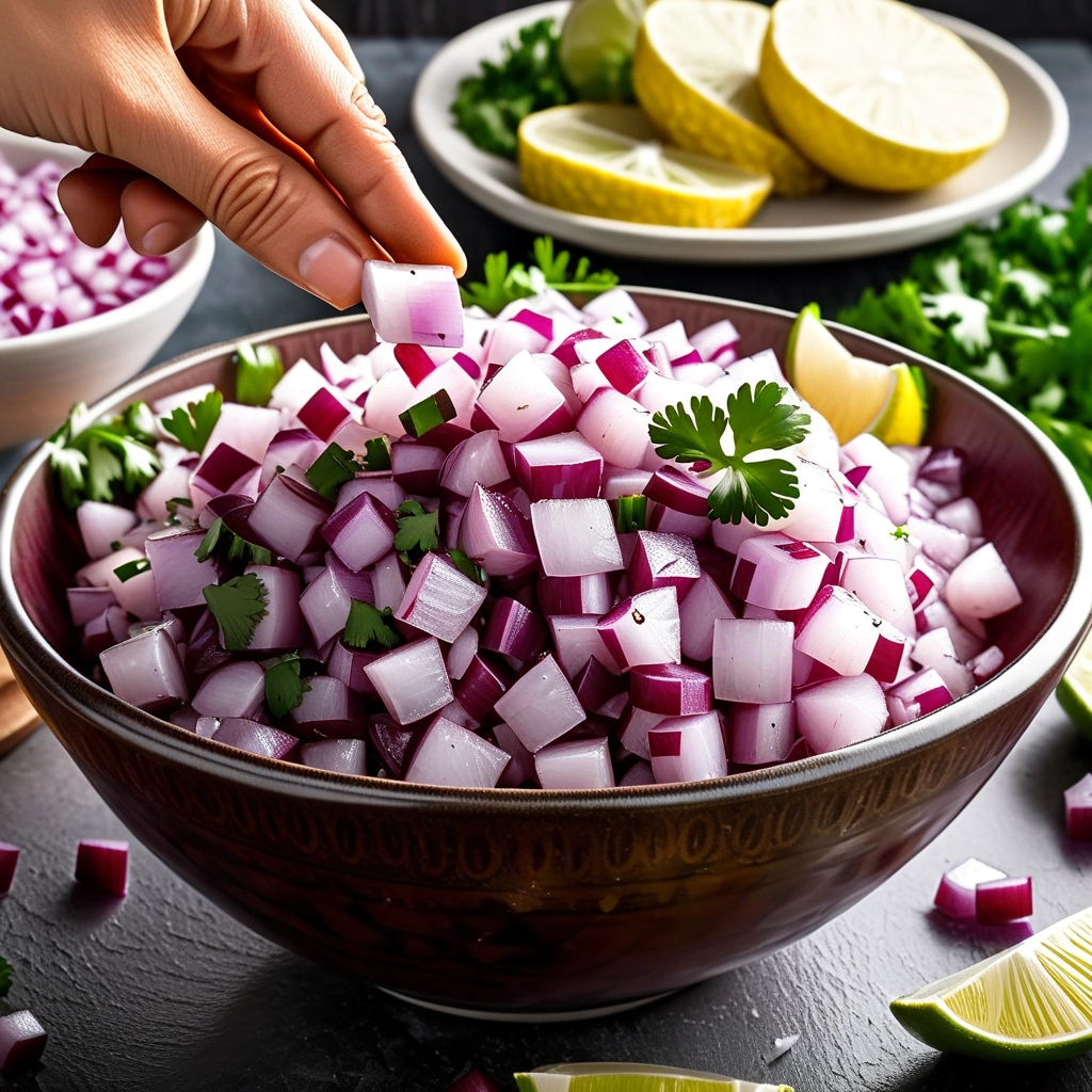 Cebola roxa picada sendo adicionada ao ceviche.