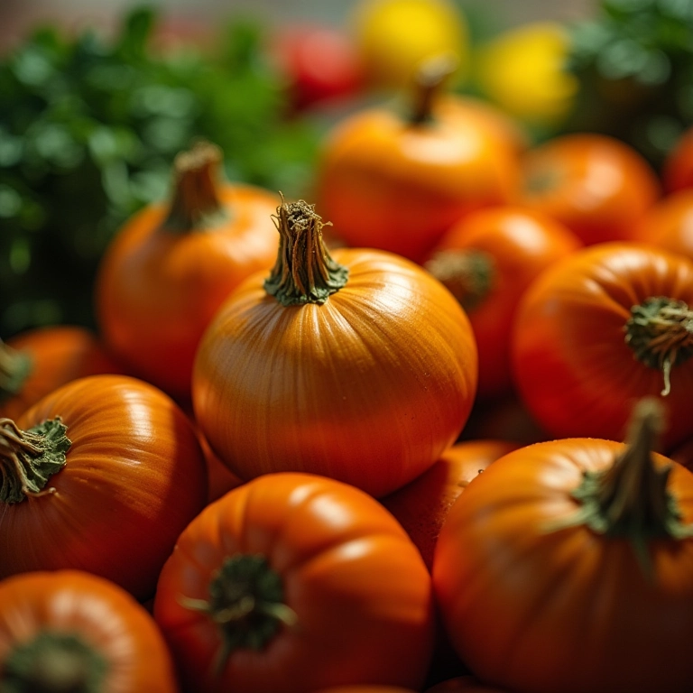 Cebolas refrigerando em geladeira colorida cheia de frutas e legumes.
