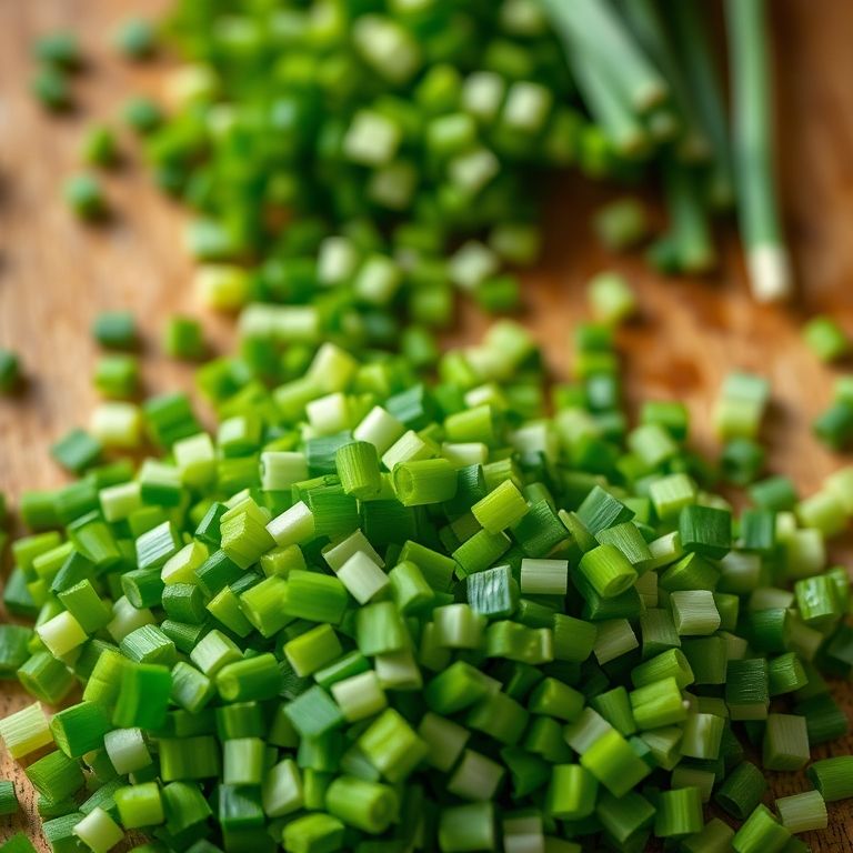 Cebolinha fresca picada em tábua de madeira.