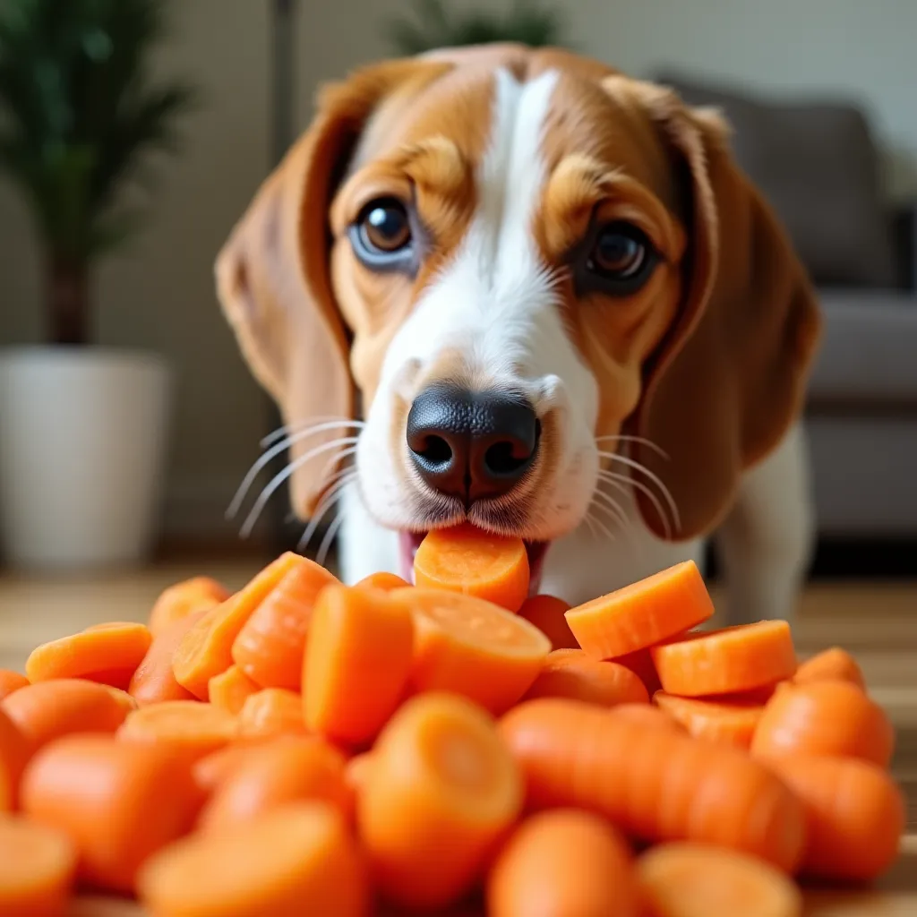 Cenouras em rodelas sendo oferecidas a um cachorro beagle.