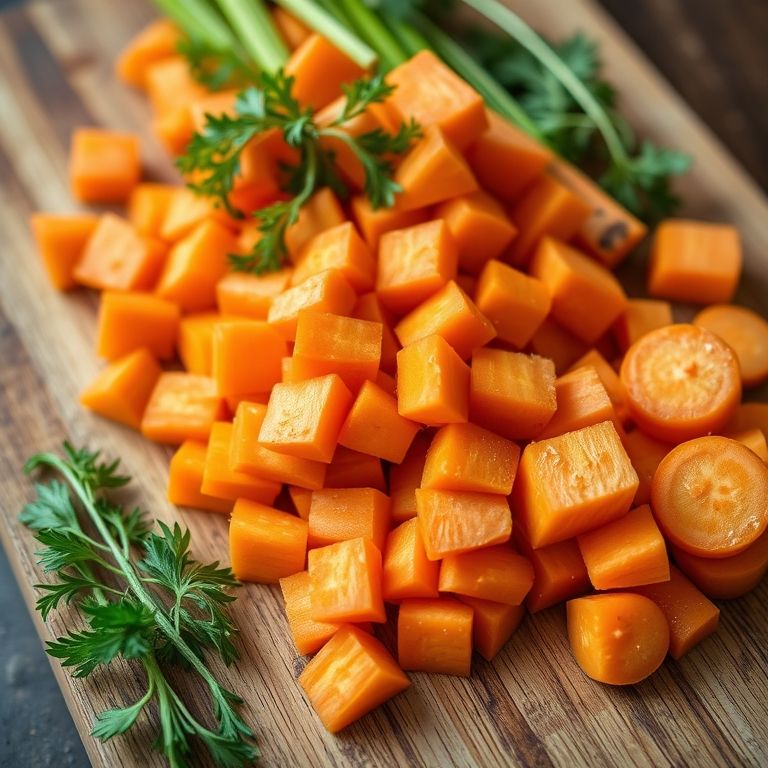 Cenouras frescas picadas em uma tábua de madeira.