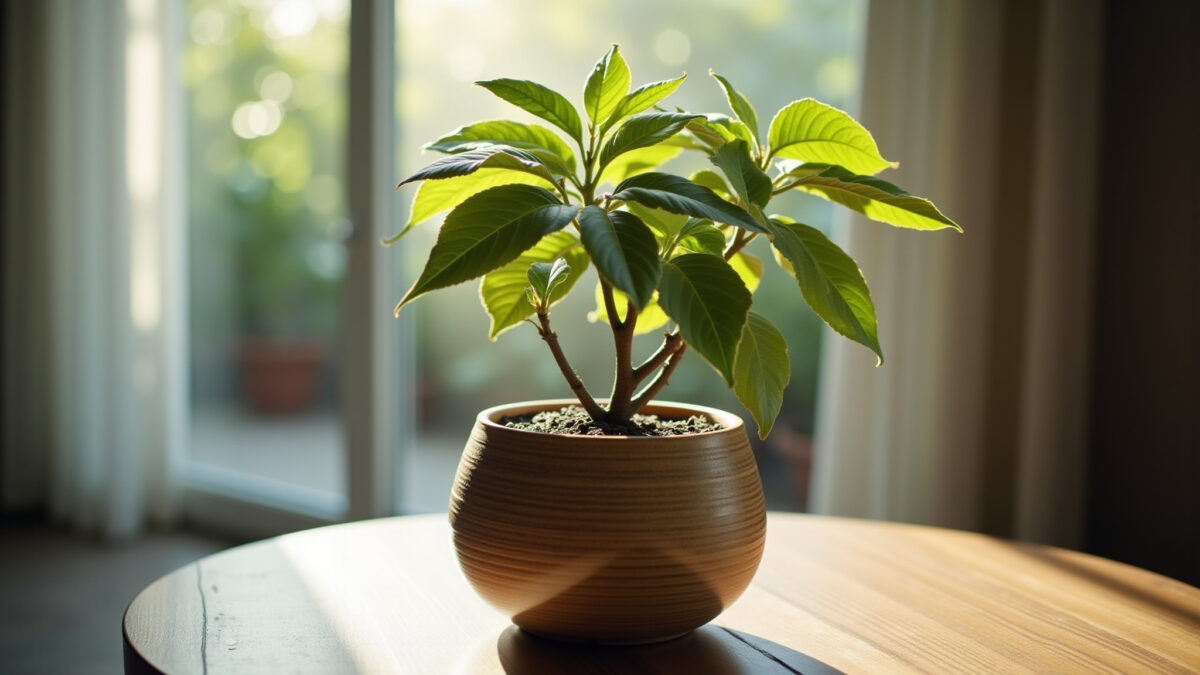 Vaso de cerâmica com Abutilon em ambiente interno.