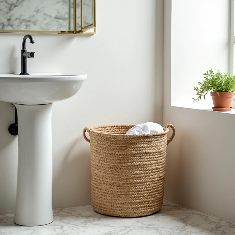 Cesto de palha como cesto de roupa suja em banheiro brasileiro.
