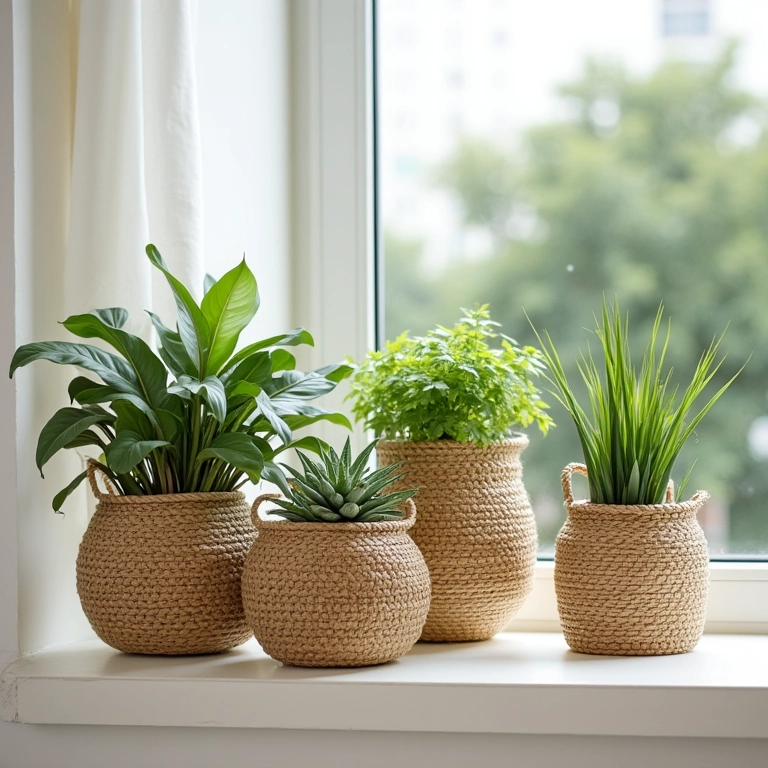 Cestos de palha como cachepots para plantas em apartamento brasileiro.