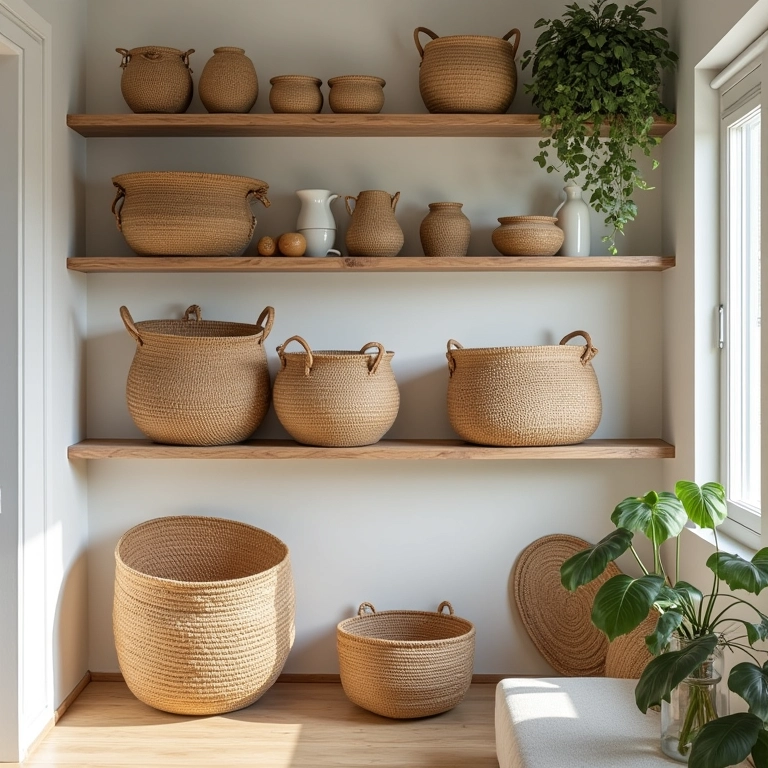 Cestos de palha organizando prateleiras e nichos em casa brasileira.