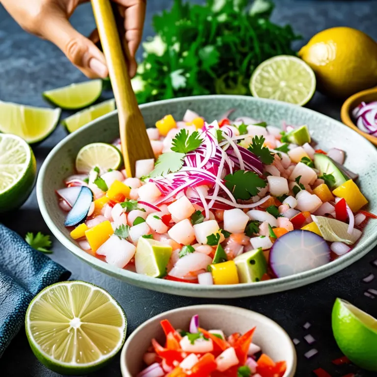 Ceviche fresco sendo preparado com peixe, limão e ingredientes coloridos.