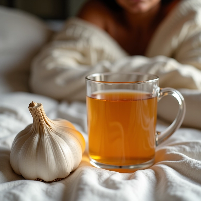 Chá de alho e creme para candidíase ao lado de uma mulher na cama.