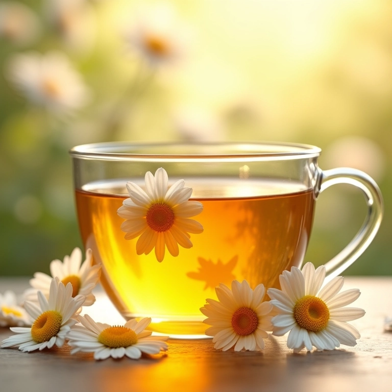 Chá de camomila sendo preparado em uma xícara de vidro, com luz suave.