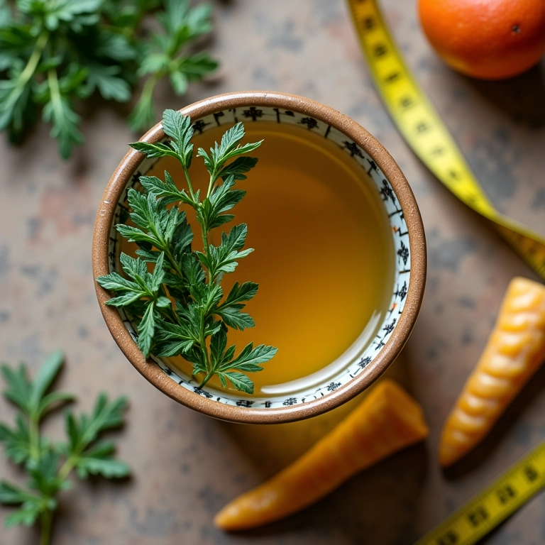 Chá de orégano, fita métrica e lanche saudável.
