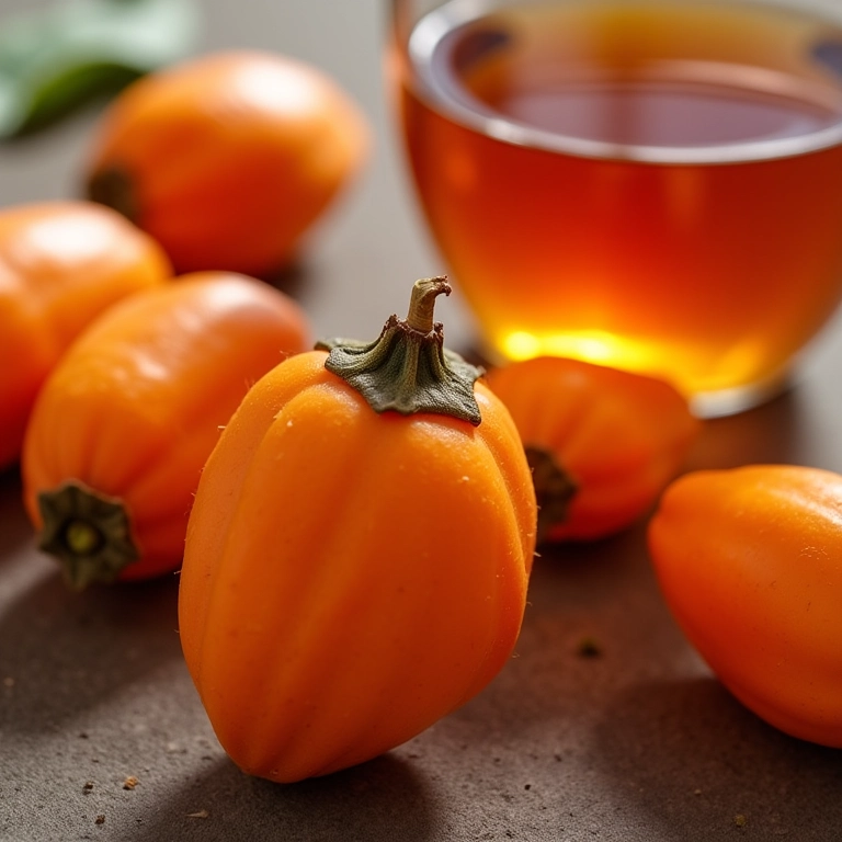 Chá de tamarindo fresco em uma xícara, com vagens de tamarindo ao lado, destacando suas propriedades naturais.