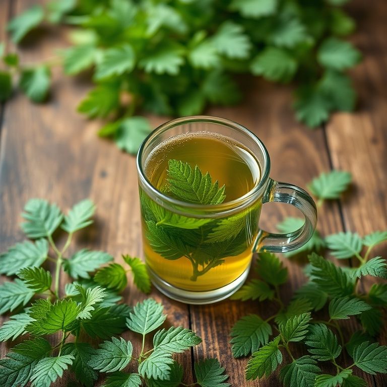 Chá de urtiga em mesa de madeira com folhas frescas, para auxiliar no controle do ácido úrico de forma natural.