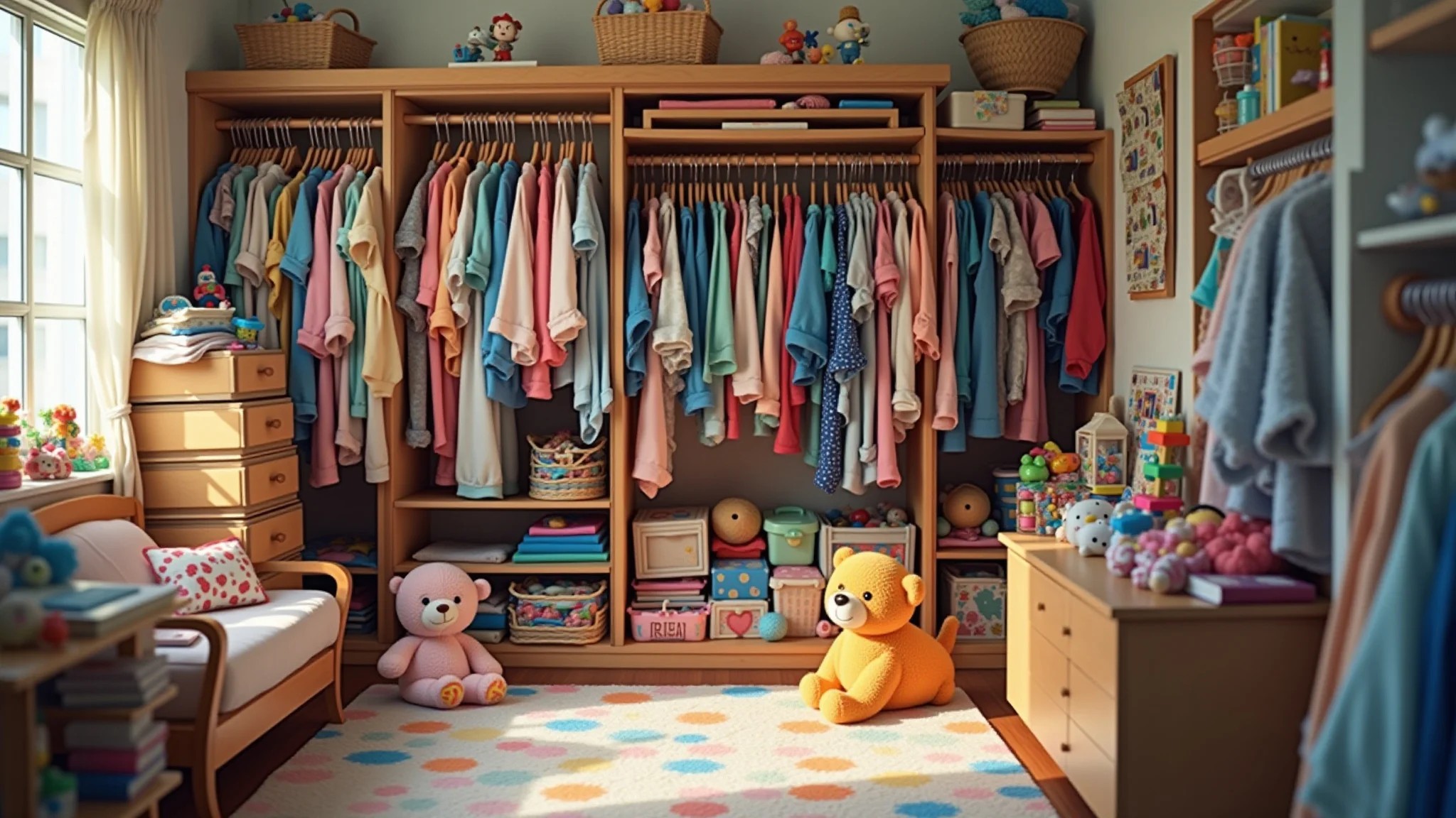 Guarda-roupa infantil caótico, transbordando roupas e brinquedos.