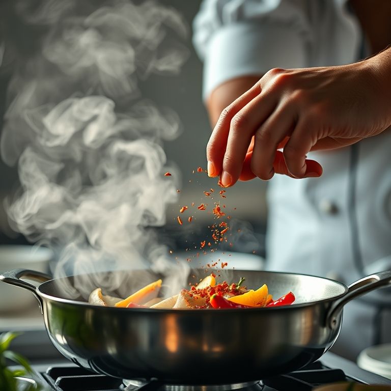 Chef adicionando pimenta cedo demais no preparo, vapor subindo.