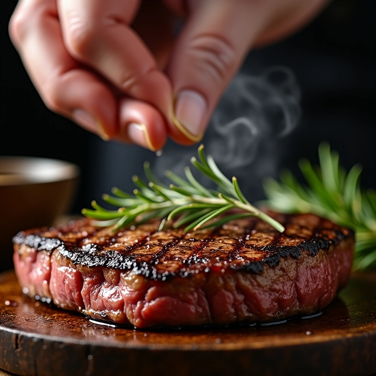 Chef finalizando bife grelhado com molho de pimenta jamaicana.