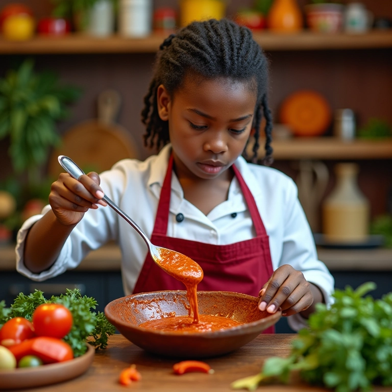 Chef preparando molho de pimenta da Jamaica em cozinha colorida.