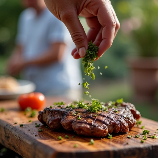Chef temperando carne com ervas finas.