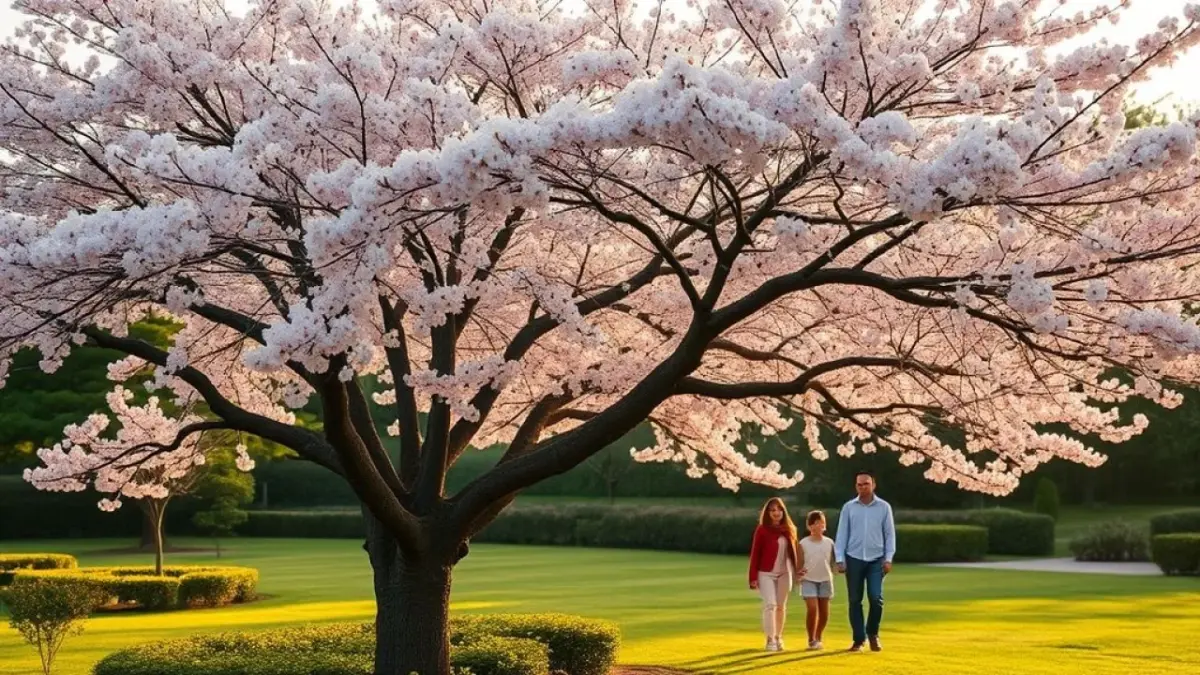 Flor de cerejeira (Sakura) em plena floração em um jardim japonês no Brasil.