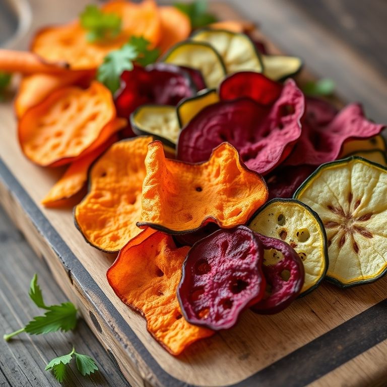 Chips de legumes desidratados caseiros variados.