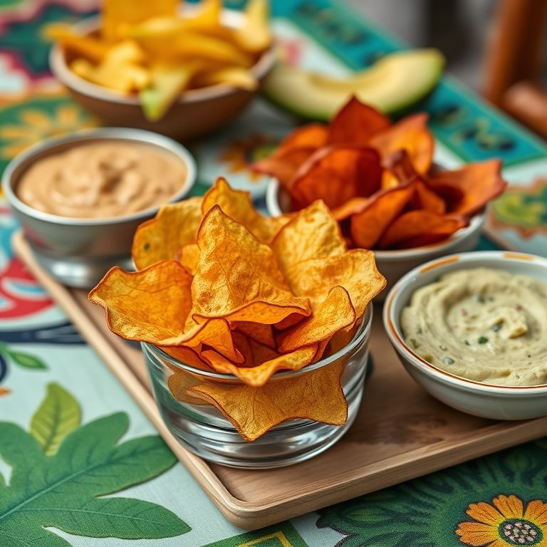 Chips de legumes desidratados como snack saudável.